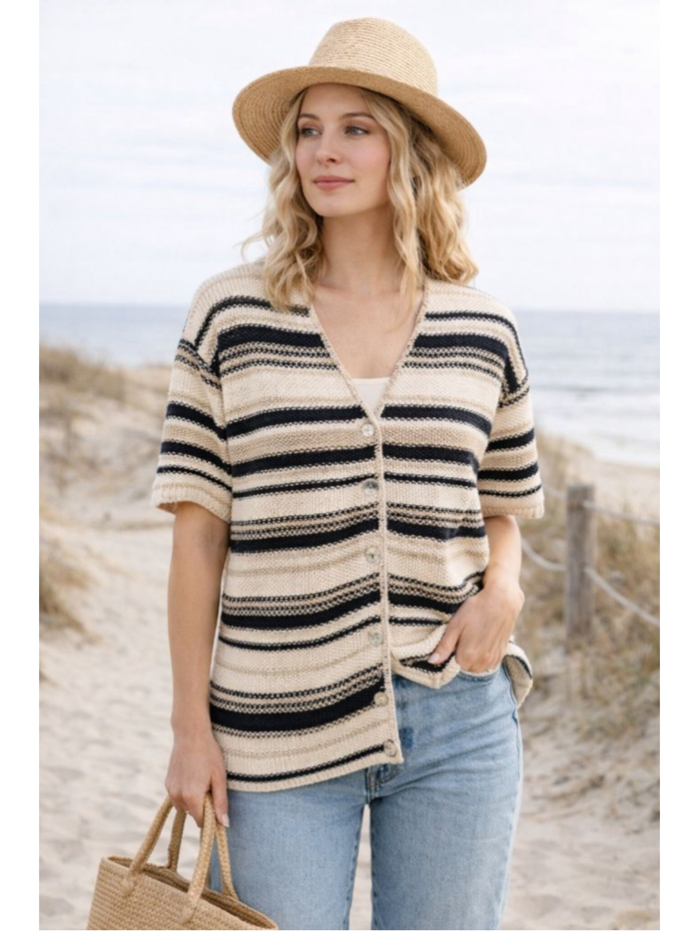 Striped Knit Cardigan Short Sleeve Black Cream Coastal Nautical Button Front Med